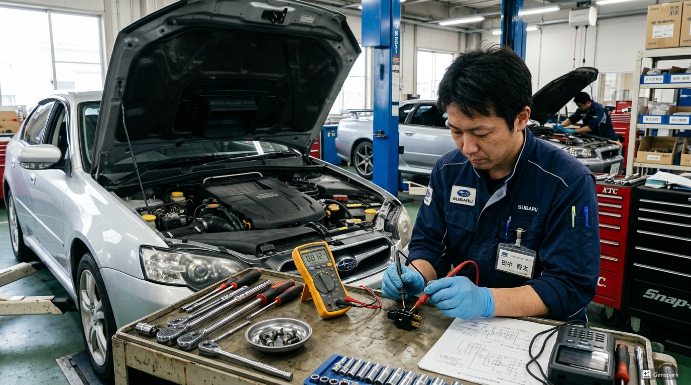 スバル レガシィB4 BLE バックランプスイッチ単体点検 テスターで導通不良を確認