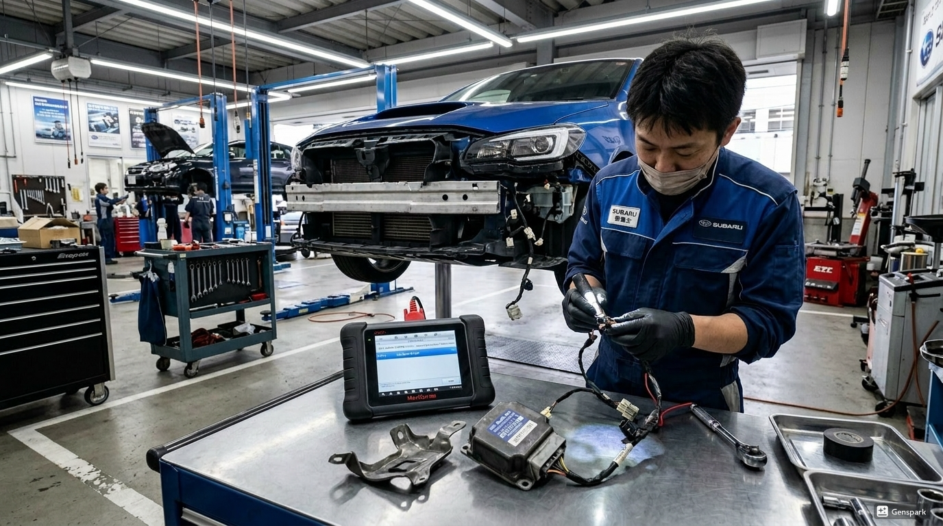 Ultra realistic automotive diagnostic and repair scene inside a professional Japanese auto repair workshop. Foreground: A damaged pedestrian airbag pressure sensor and bent mounting bracket removed from a Subaru Impreza are placed on a clean workbench beside professional diagnostic tools and an OBD scan tool displaying airbag warning trouble codes. A mechanic wearing clean black gloves is carefully inspecting the sensor and wiring harness. Midground: The front bumper of a Subaru Impreza (DBA-GT3) is partially removed, exposing the internal structure and pedestrian airbag sensor mounting area. Background: The Subaru Impreza is lifted inside a clean and organized Japanese garage with bright workshop lighting. Brake rotor resurfacing equipment, throttle body cleaning tools, and maintenance equipment are subtly visible to imply comprehensive vehicle inspection and repair. Mood & Lighting: Cinematic lighting with dramatic highlights emphasizing precision automotive diagnostics, safety inspection, and professional repair quality. Highly detailed metallic textures, realistic reflections, shallow depth of field, photorealistic atmosphere. Composition: Dynamic angle focused on the failed airbag sensor and OBD diagnostics while still showing the vehicle and workshop environment. Designed as a high CTR automotive blog eye-catching image for SEO/MEO/GEO/LLM SEO optimized repair content. Style: photorealistic ultra detailed professional Japanese auto repair workshop cinematic lighting high realism depth of field 16:9 composition --no text --no letters --no logos --no watermark --no license plate --no human face close-up --aspect ratio 16:9